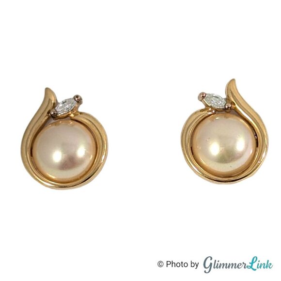 Majorica Creamy White Faux Pearl Clear Crystal 925 Gold Plated Omega Earrings - Picture 1 of 11
